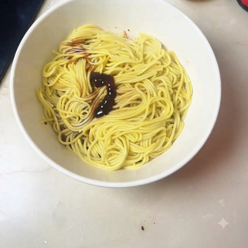Polvere di tredici spezie e zucchero aggiunti sui noodles allinterno di una ciotola bianca.