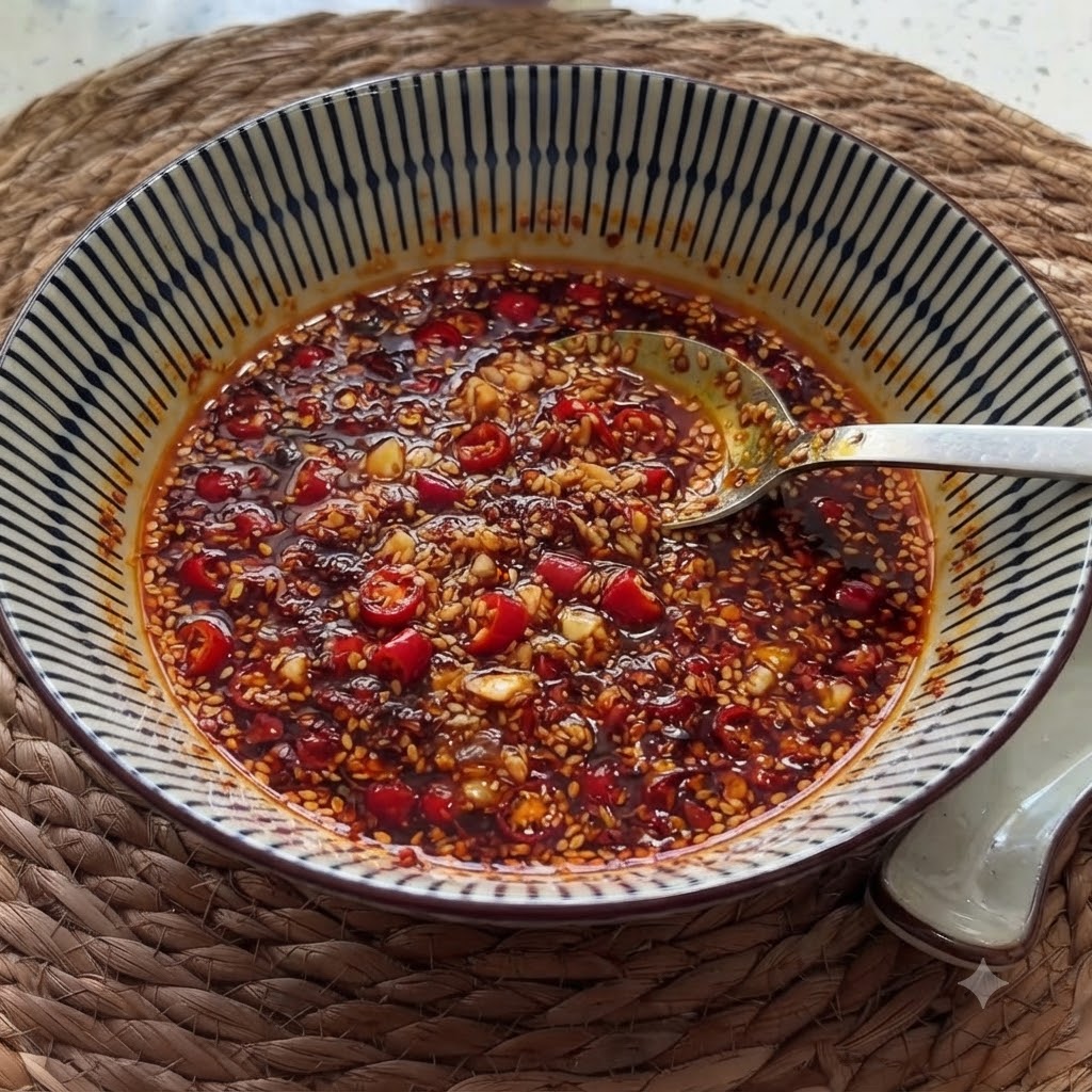 Semi di sesamo bianco e un cucchiaio di peperoncino rosso in polvere aggiunti al miscuglio di aglio e peperoncino nella ciotola.