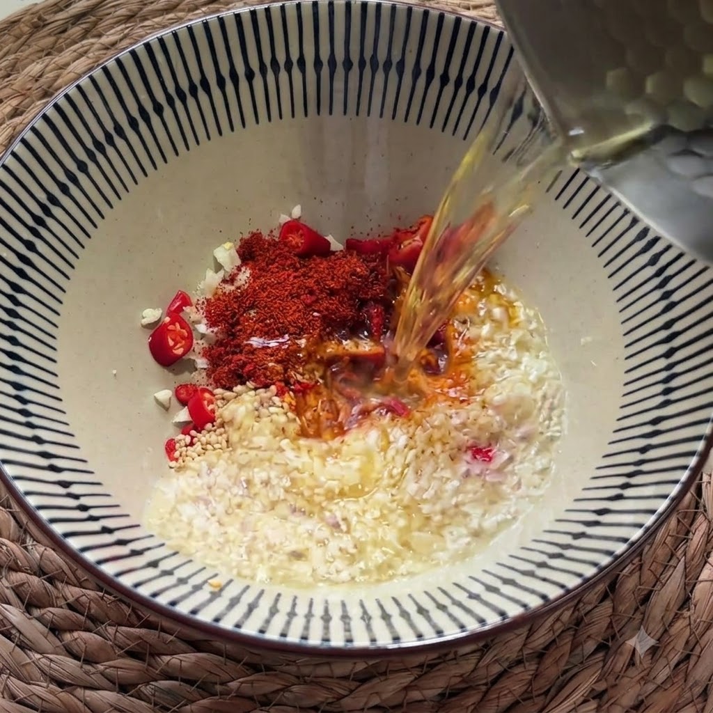 Olio caldo versato da un contenitore nella ciotola, mentre sfrigola su aglio, semi di sesamo e peperoncino in polvere.