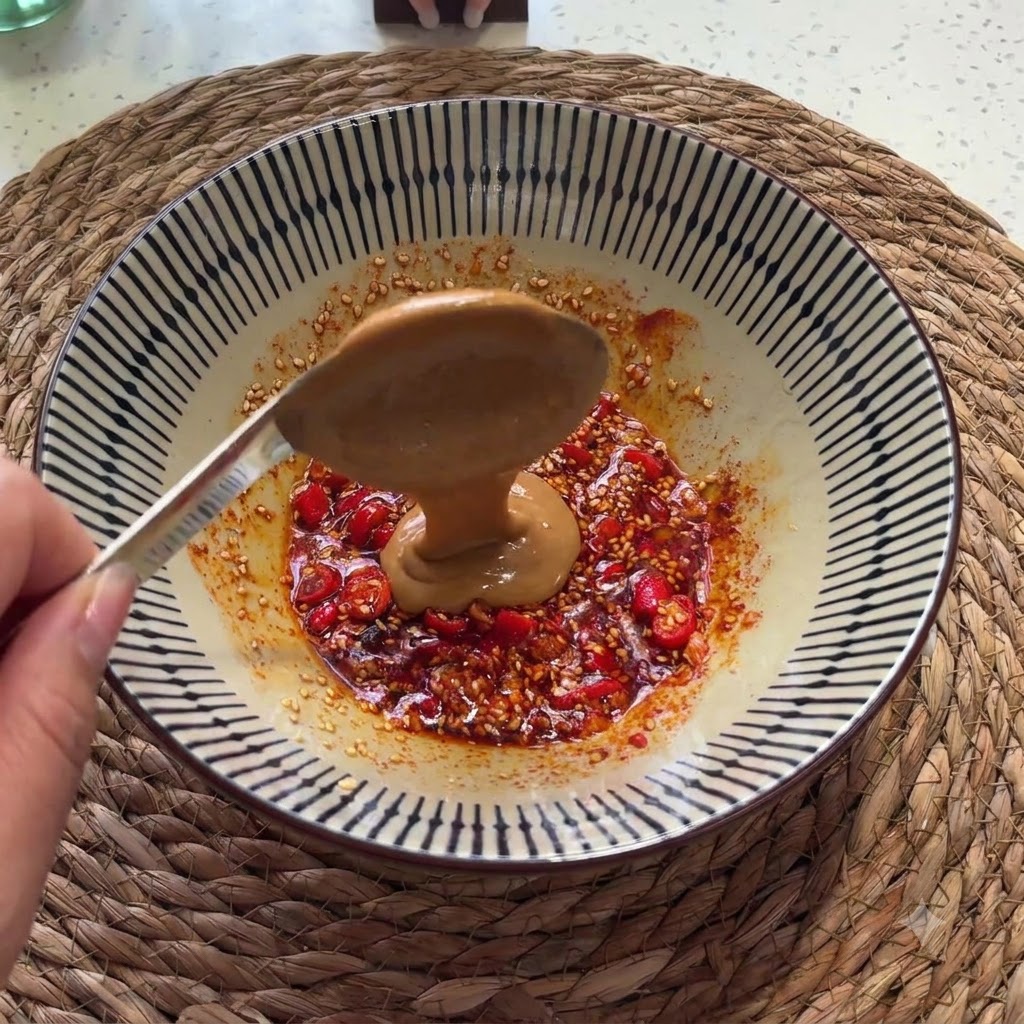 Pasta Erba raccolta con un cucchiaio nella miscela di olio condito allinterno della ciotola.