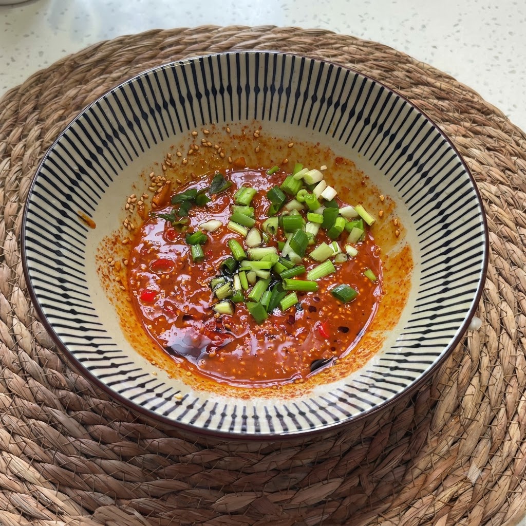 Cipollotti tritati e coriandolo sparsi sulla miscela di salsa nella ciotola.