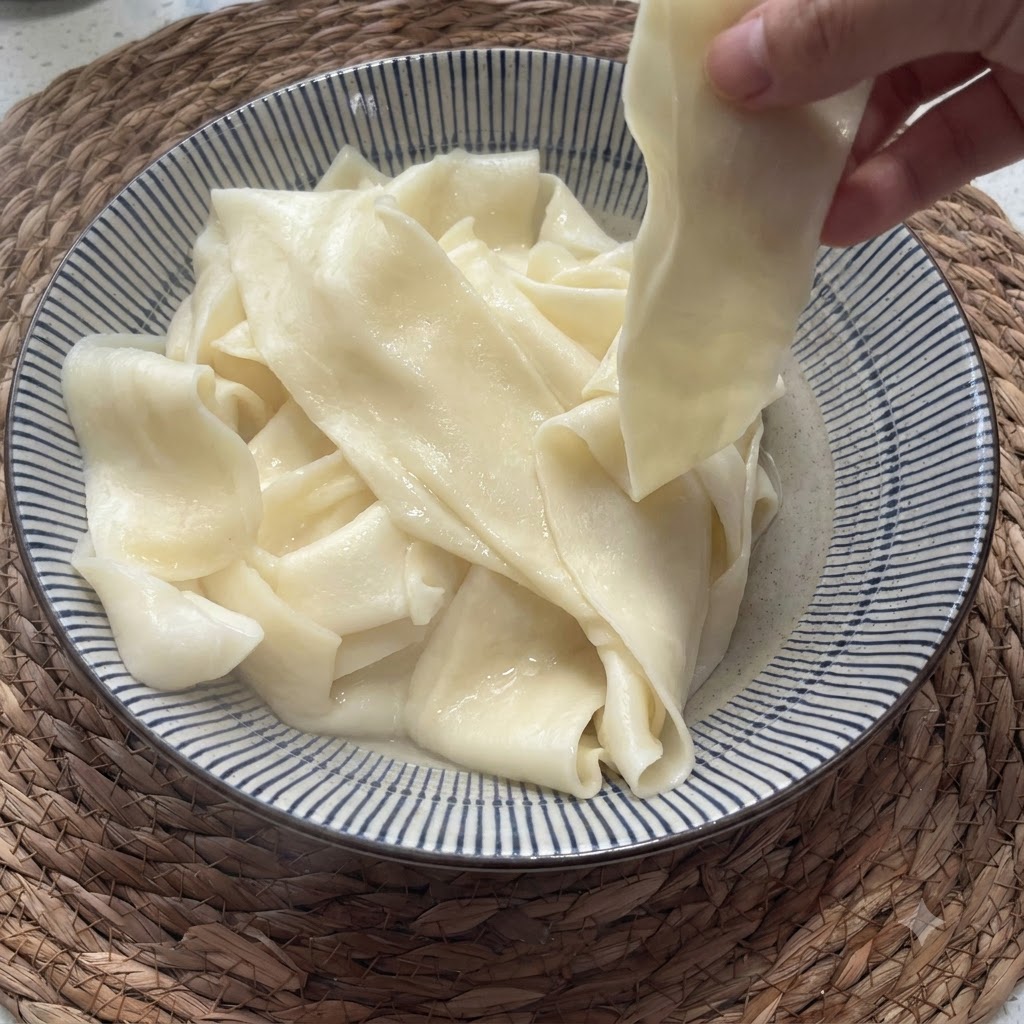 Una ciotola contenente tagliolini larghi bolliti di fresco sollevati per mostrare la loro consistenza liscia e flessibile.