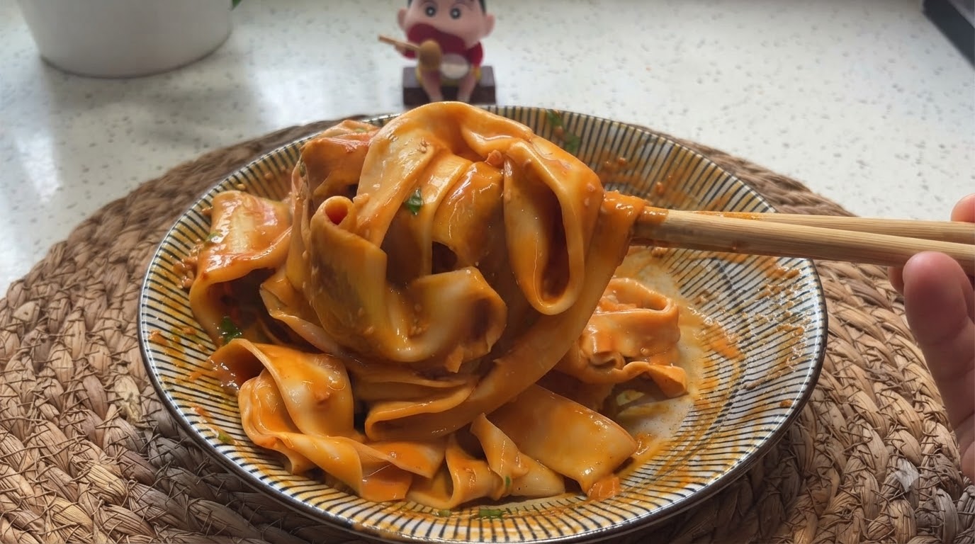 Tagliolini Larghi Succosi con Salsa di Sesamo e Peperoncino