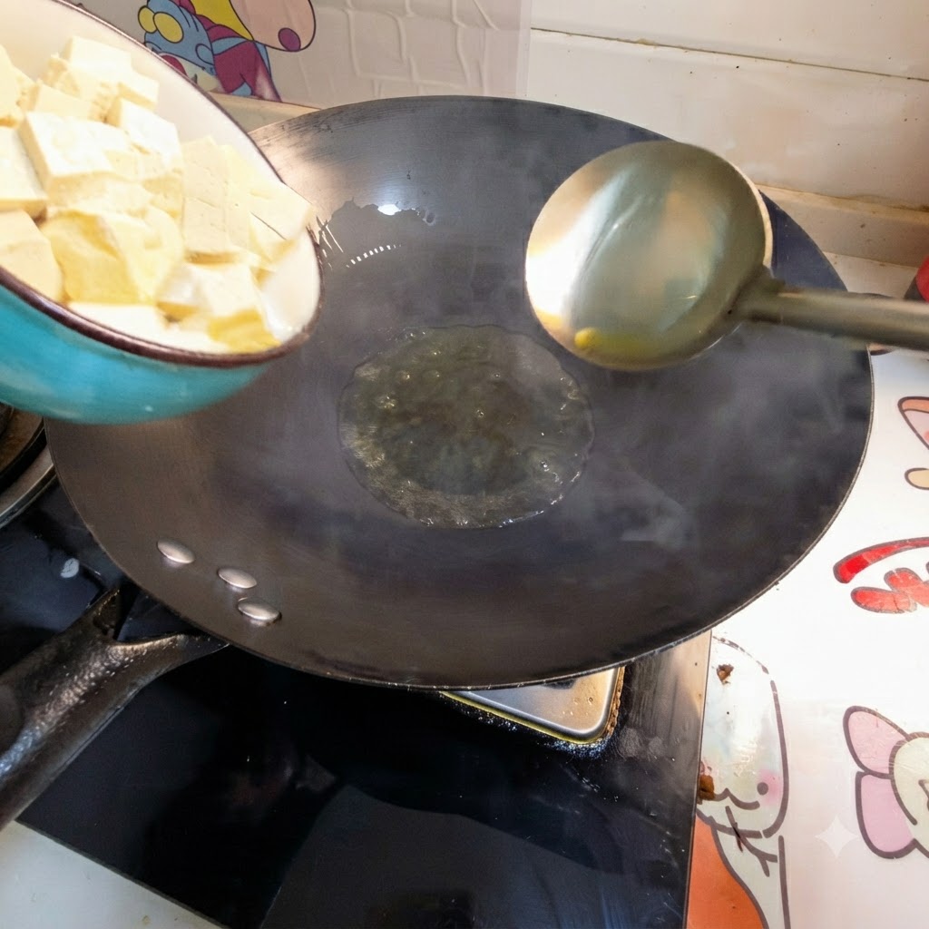 Cubetti di tofu svuotati da una ciotola nellolio caldo allinterno di un wok.