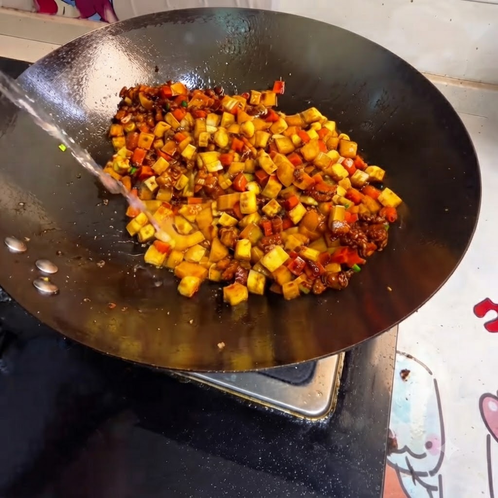 Flusso dacqua versato in un wok pieno di verdure a dadini e carne.