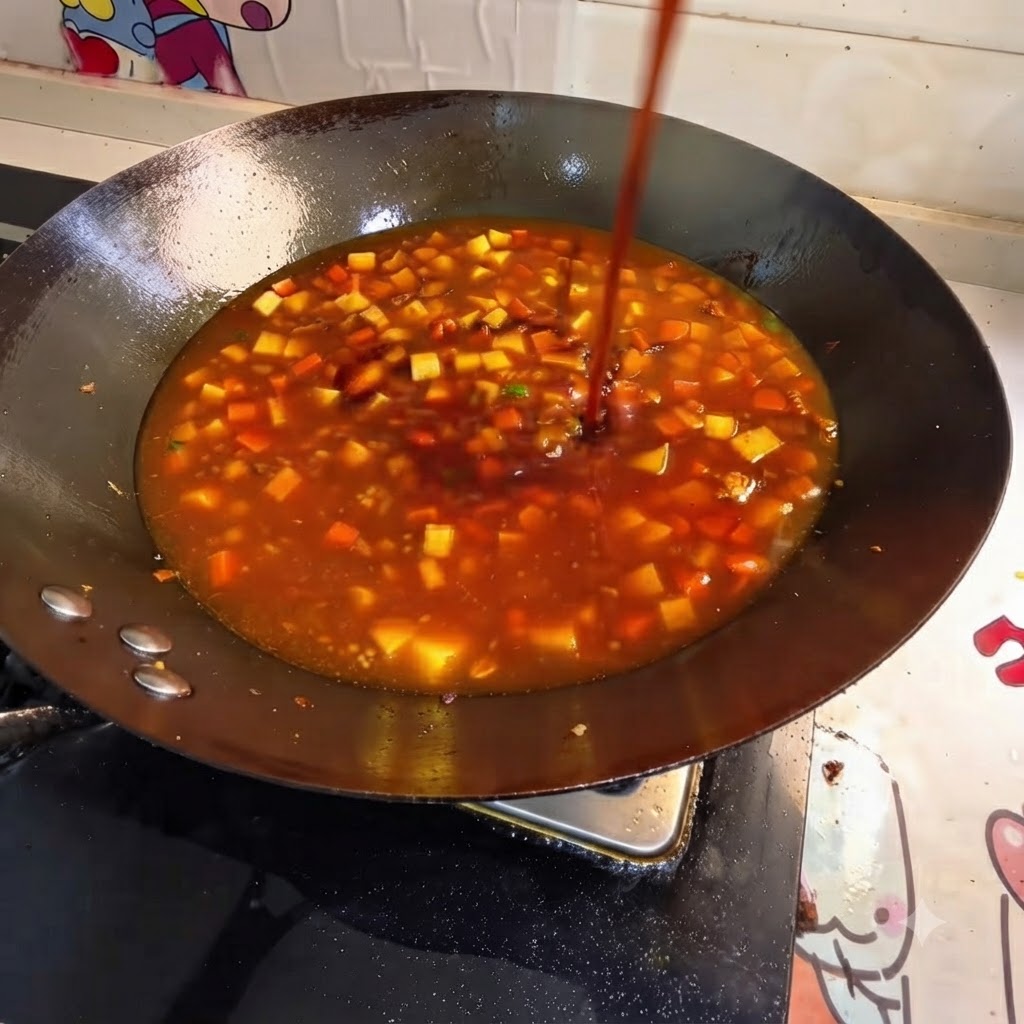 Condimenti e acqua bollente versati nel wok con verdure e tofu.