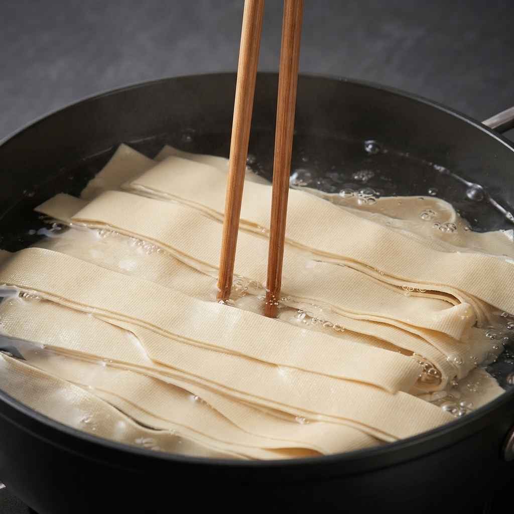 Noodles larghi secchi che sobbollono in una pentola di acqua calda con bacchette di legno posizionate al centro.