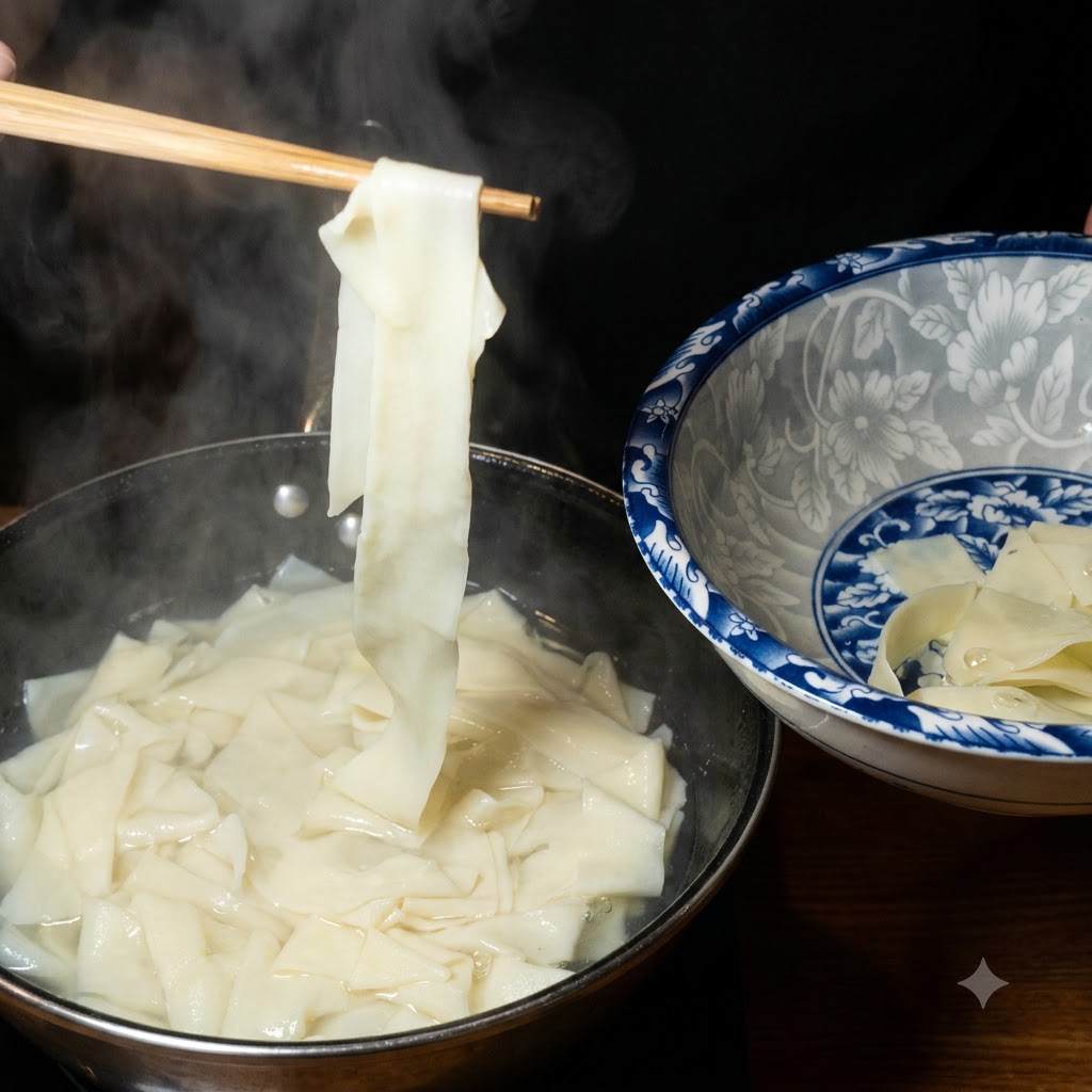 Noodles larghi sollevati con le bacchette da una pentola bollente e posizionati in una ciotola di ceramica blu e bianca.