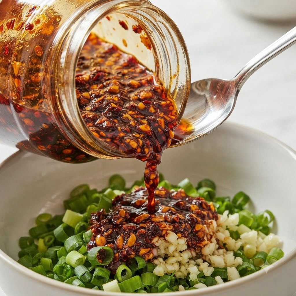 Salsa scura di peperoncino e manzo versata da un barattolo di vetro con un cucchiaio in una ciotola di cipollotti tritati e aglio.