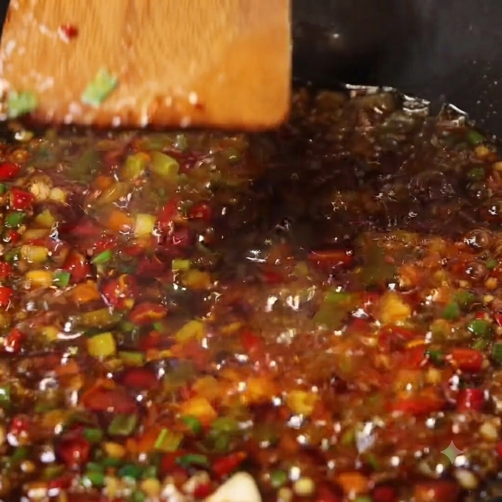 Una spatola di legno che mescola un composto sobbollente di peperoncino, aglio e salsa di manzo in un wok.