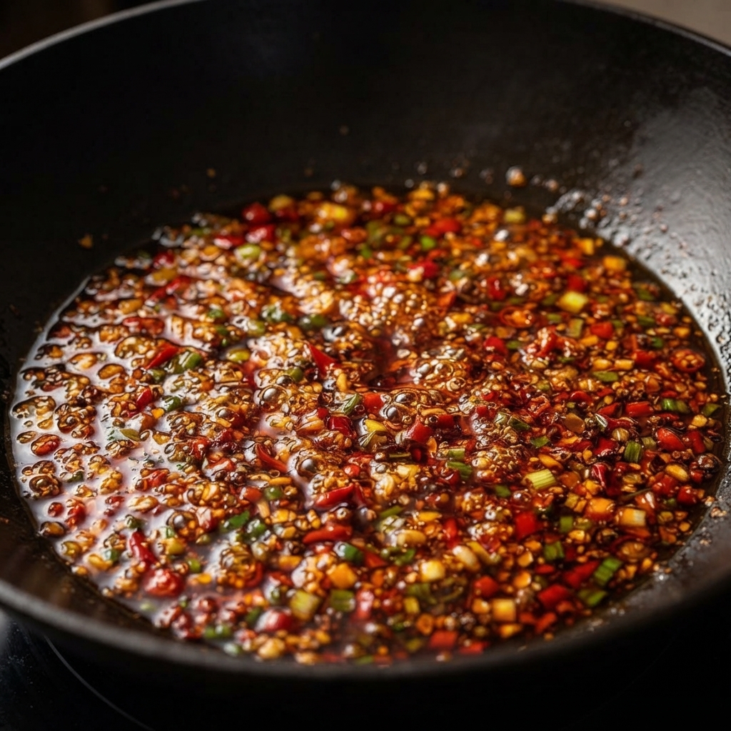 Un wok nero riempito con una salsa di peperoncino e manzo rossa, vibrante e ribollente, mescolata con cipollotti tritati, aromi e semi di sesamo.