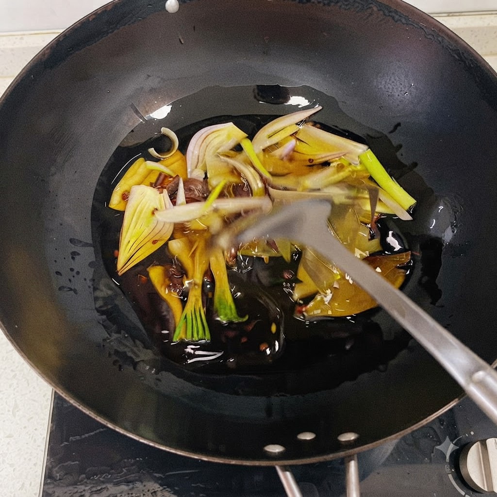 Aromi tra cui spicchi di cipolla, cipollotti e spezie che friggono nellolio caldo allinterno di un wok.