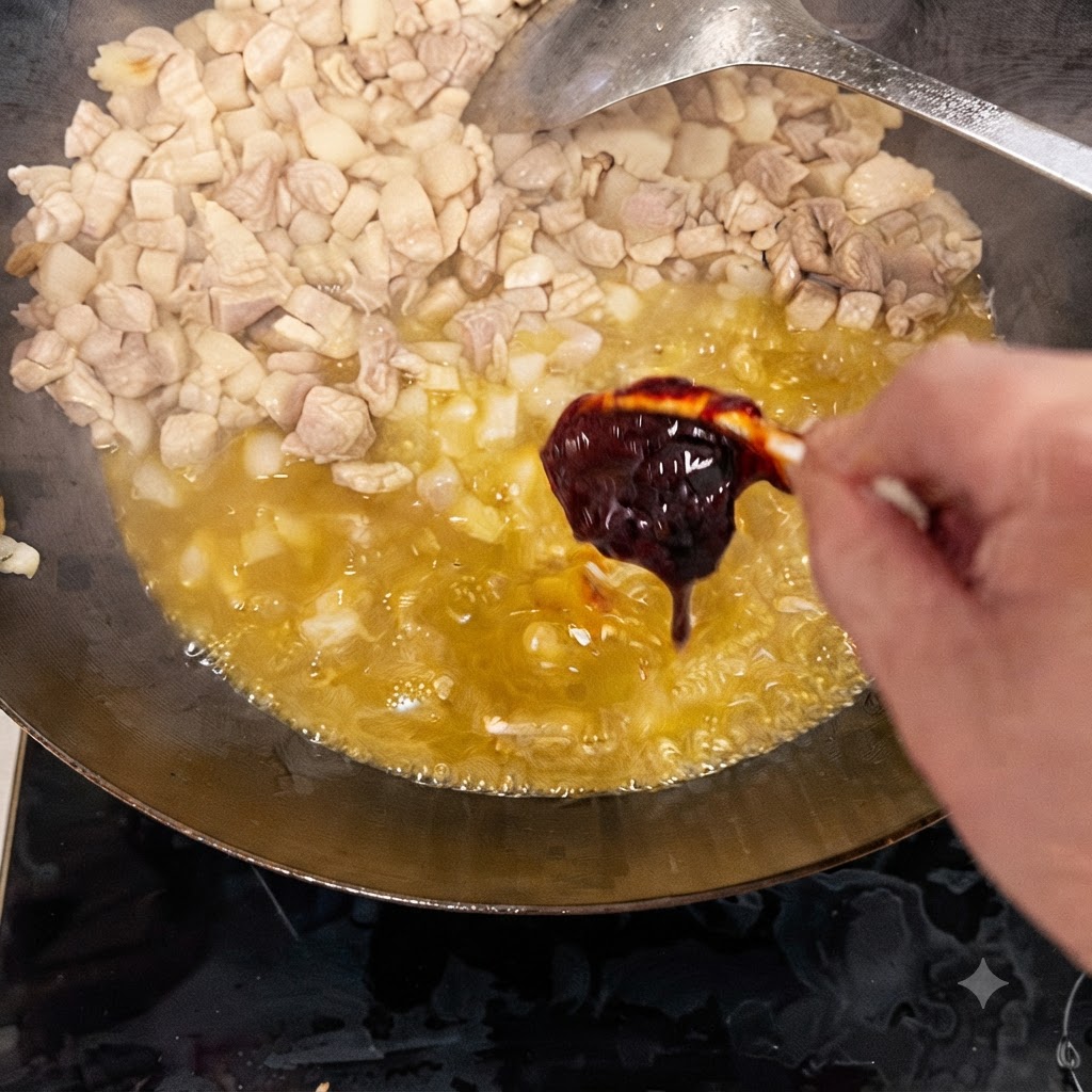 Un cucchiaio di pasta di fagioli scura aggiunto ai pezzi di maiale cotti che galleggiano nellolio allinterno di un wok.