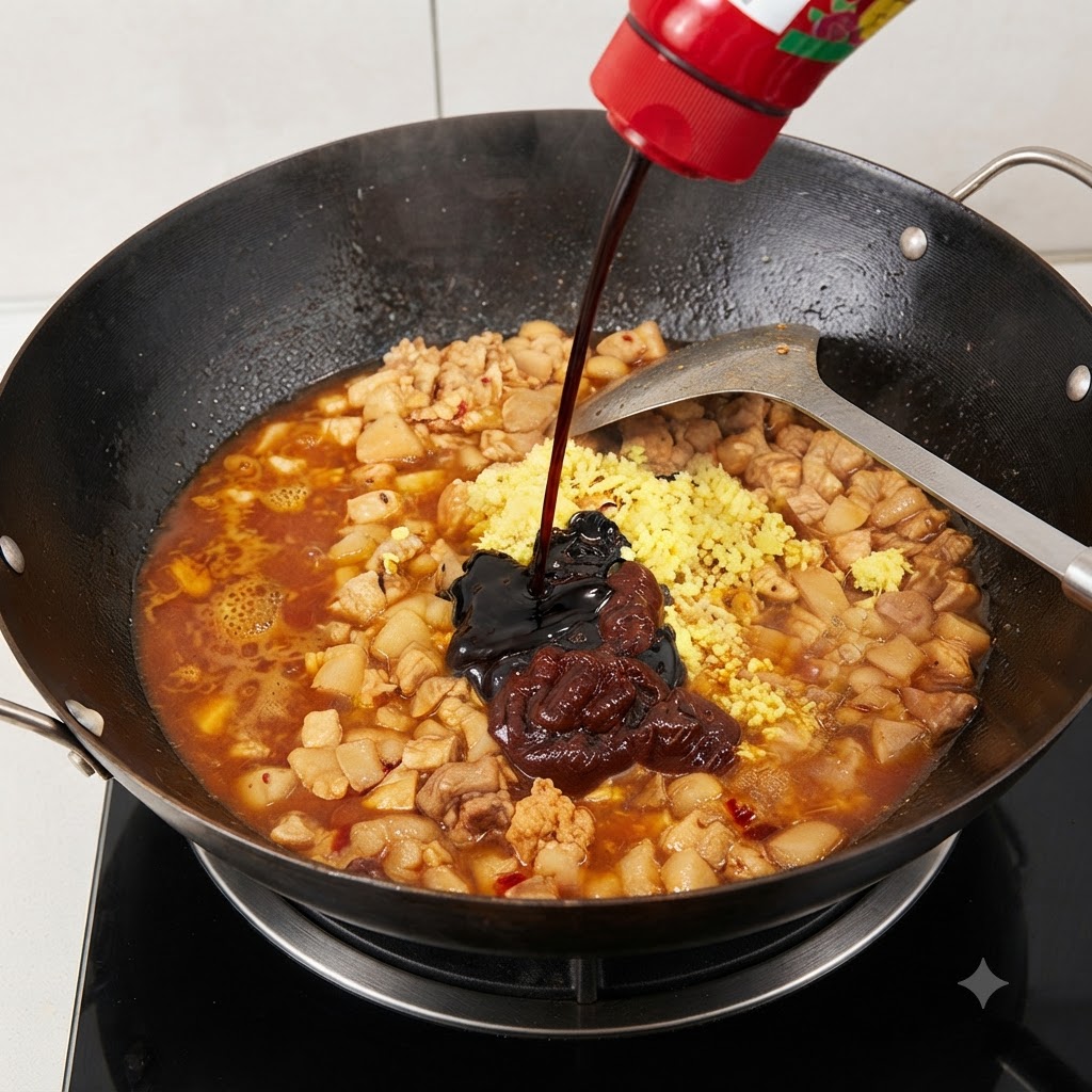 Salsa di soia, salsa di ostriche e zucchero di canna grezzo versati nel wok con la carne e le spezie.