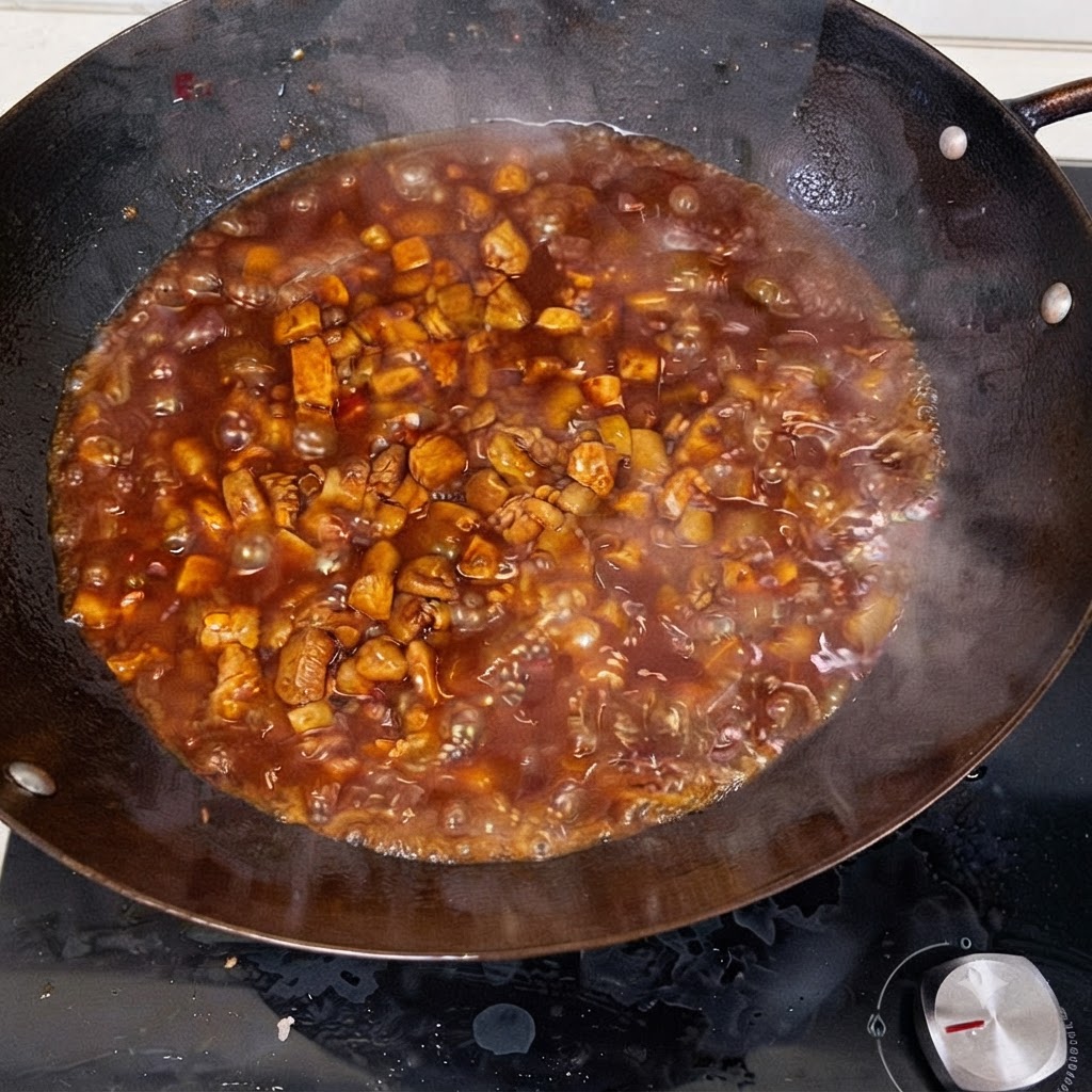 Acqua calda versata nel wok contenente carne e salsa in ebollizione.