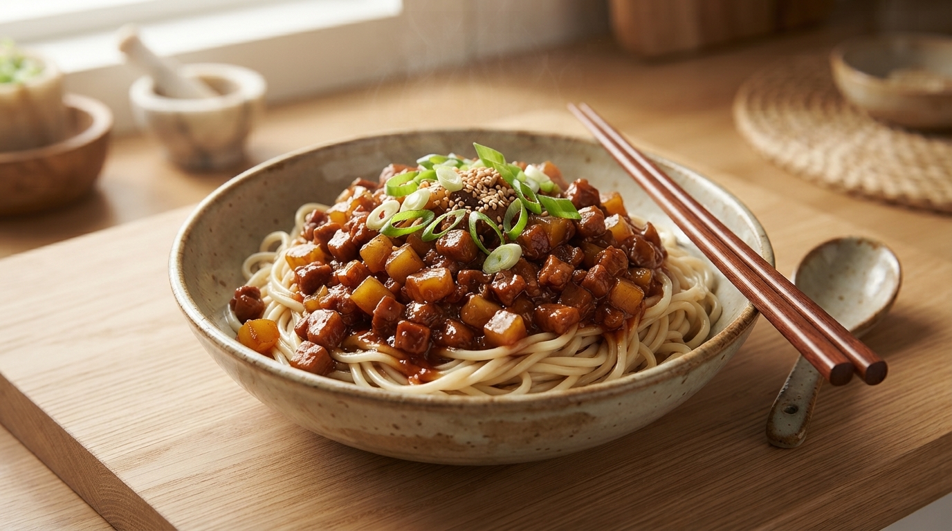 Una ciotola di noodles con carne a dadini di Dazhu guarnita con una ricca salsa di carne lucida e cipolle verdi fresche.