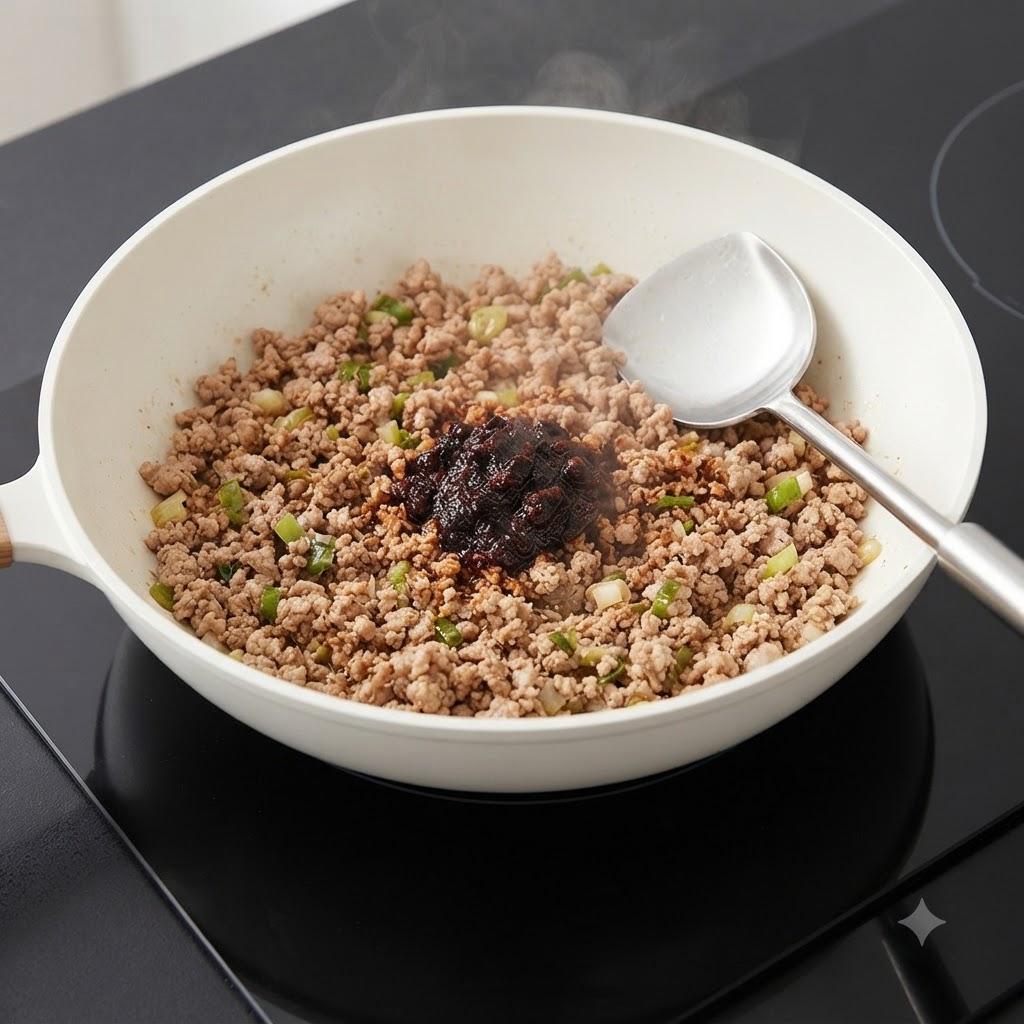 Salsa di fagioli scura aggiunta a una padella di maiale macinato cotto e cipollotti.