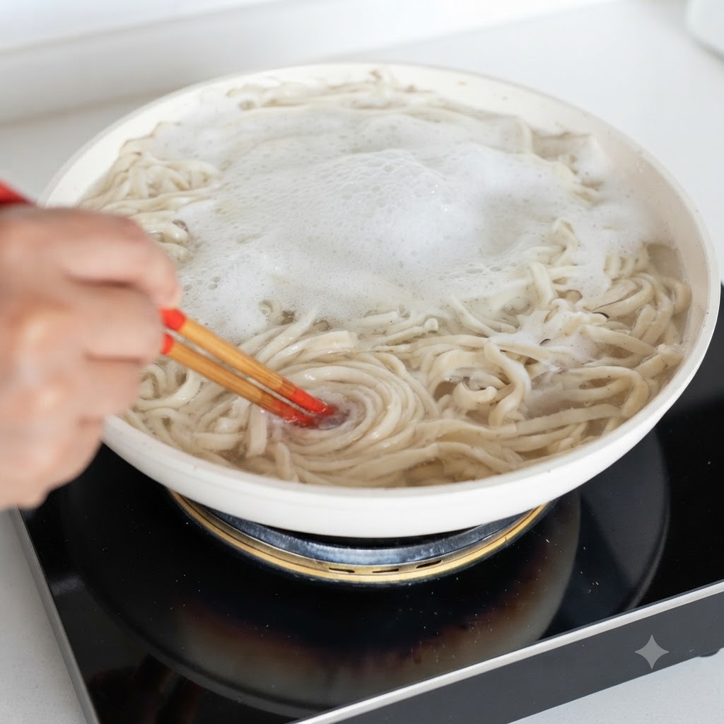 Noodles che cuociono in una pentola di acqua bollente con bolle che si formano in superficie.