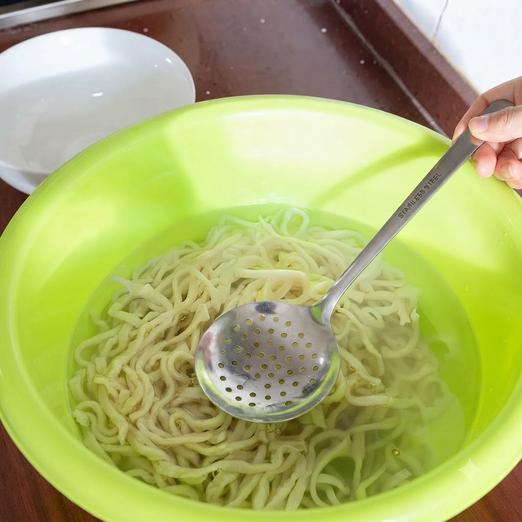 Noodles cotti sciacquati in una bacinella di acqua fredda usando un cucchiaio forato.