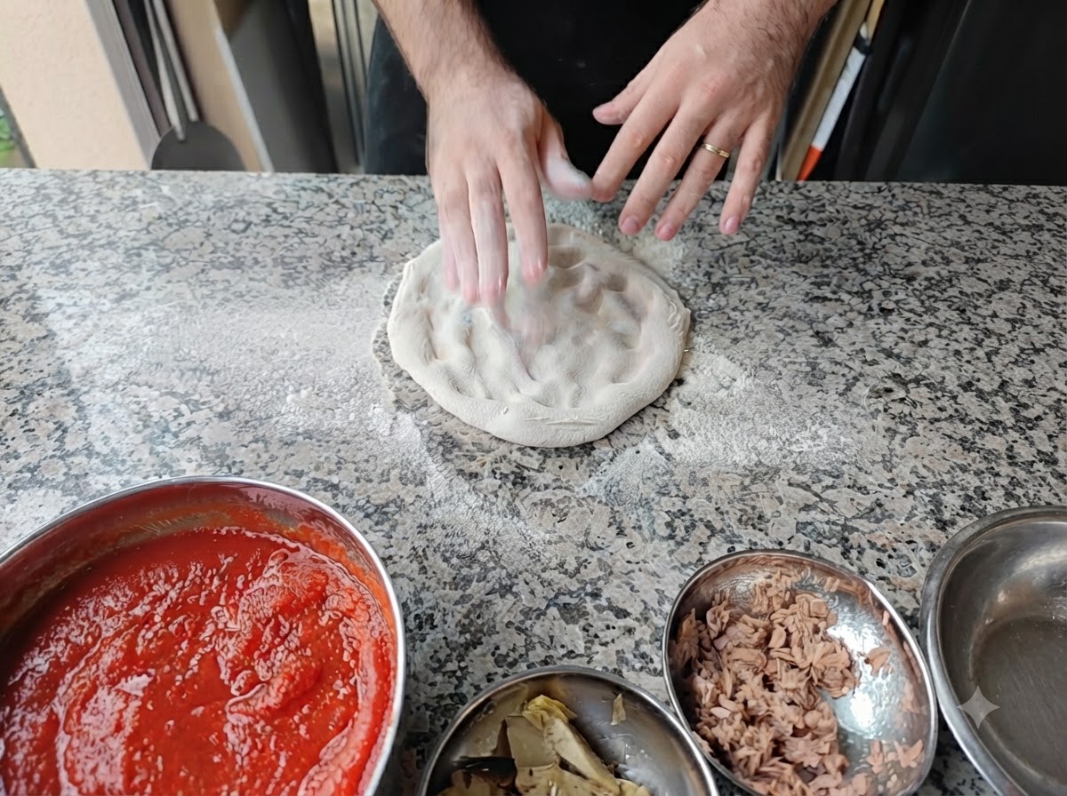 Mani che premono un pezzo di pasta per pizza rotondo su un tavolo infarinato.