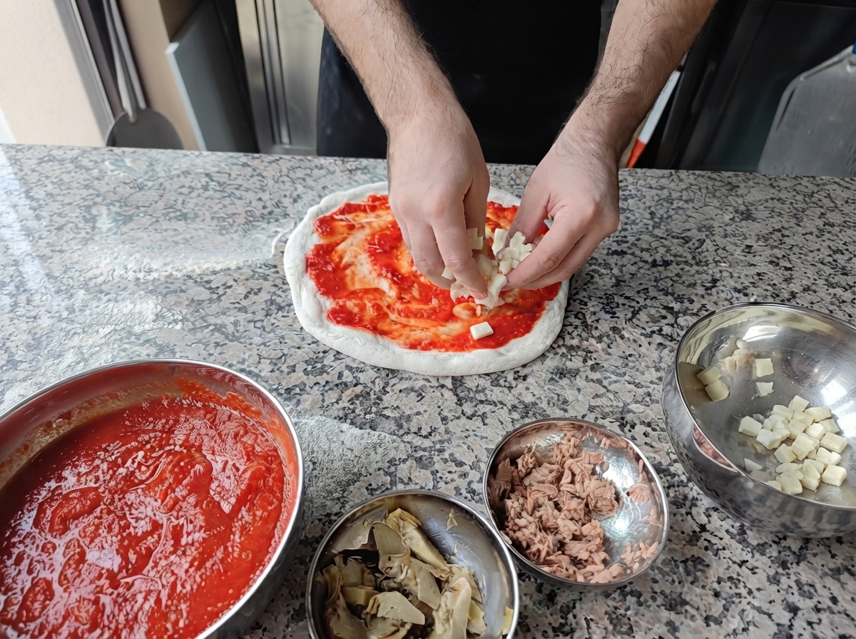 Mani che posizionano cubetti di mozzarella bianca su una base per pizza ricoperta di salsa.