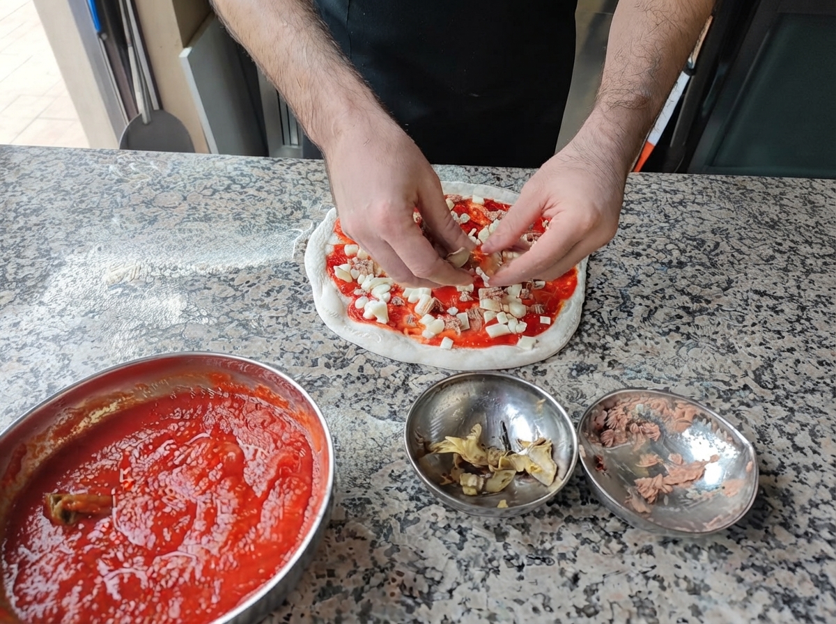 Mani che mettono pezzi di tonno in pezzi e carciofi arrostiti su una pizza cruda ricoperta di pomodoro e formaggio.