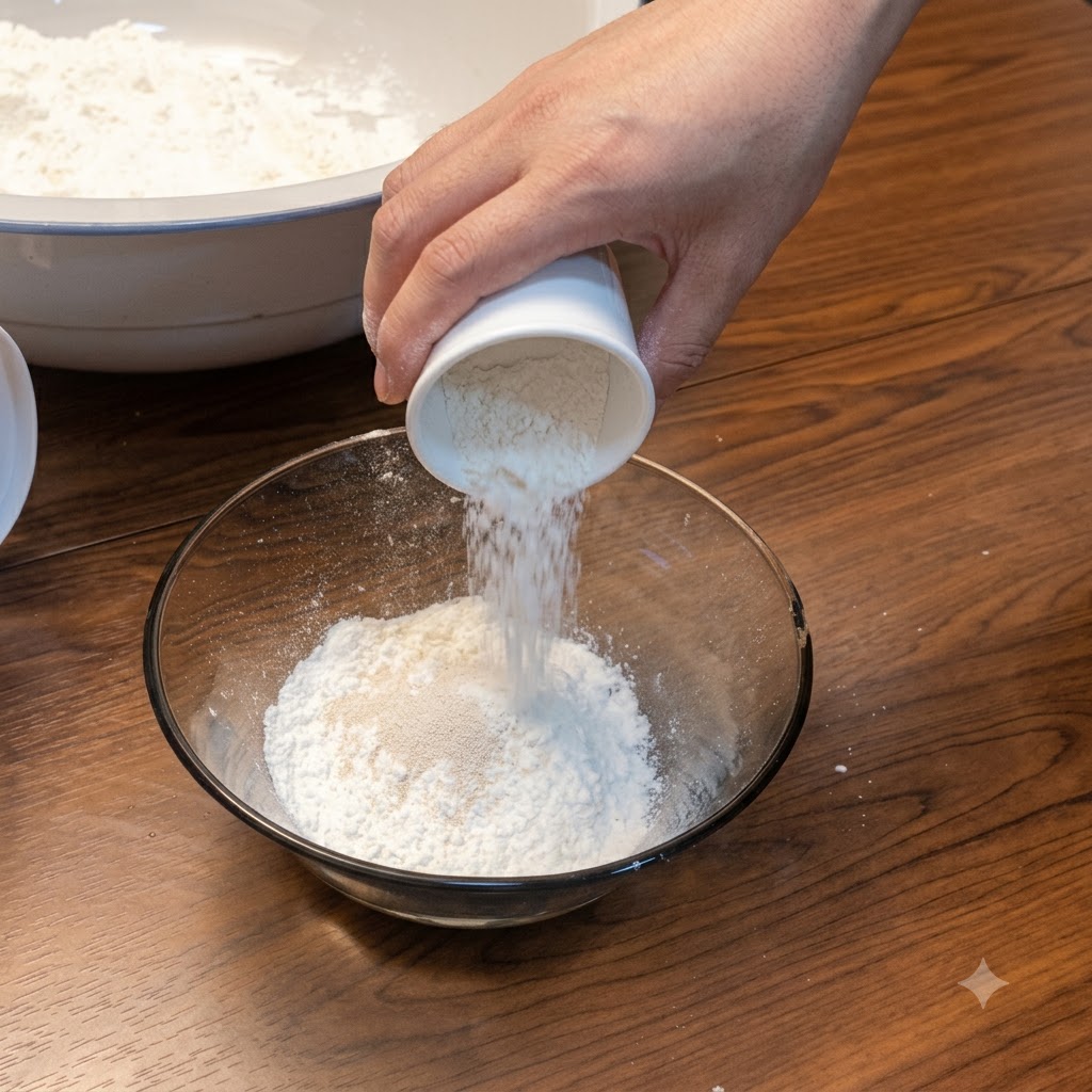 Lievito e acqua versati in una ciotola di vetro contenente farina.