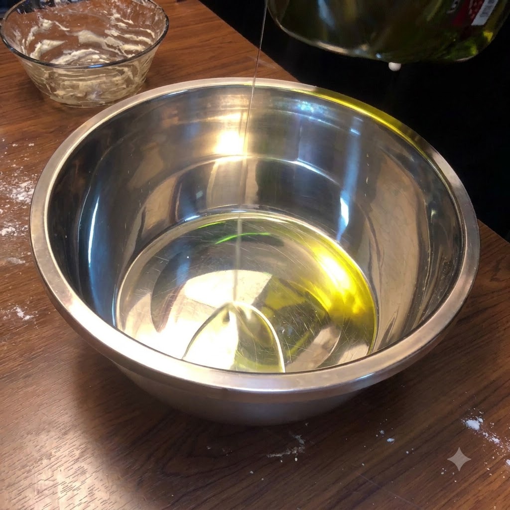 Olio doliva versato sul fondo di una ciotola di miscelazione in acciaio inossidabile lucido.