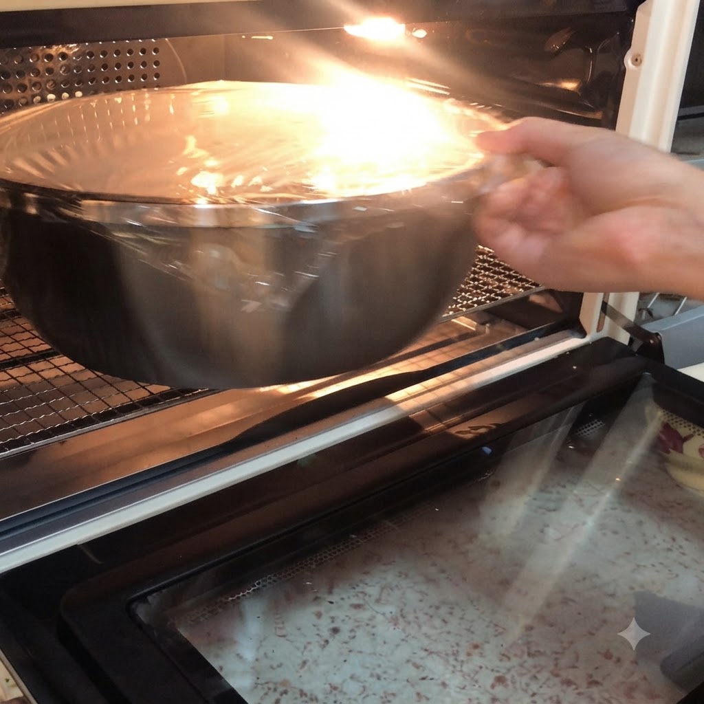 Una ciotola coperta di impasto posizionata sulla griglia del forno sotto la luce.