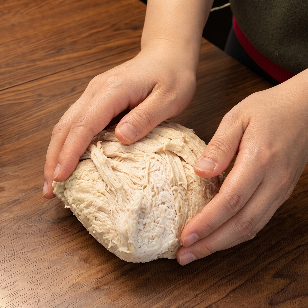 Mani che modellano e dividono una porzione di impasto per pizza fermentato su una superficie di legno.