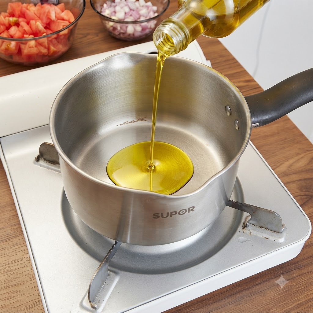 Olio doliva versato in una casseruola di metallo su un fornello portatile con pomodori e cipolle tritati vicini.