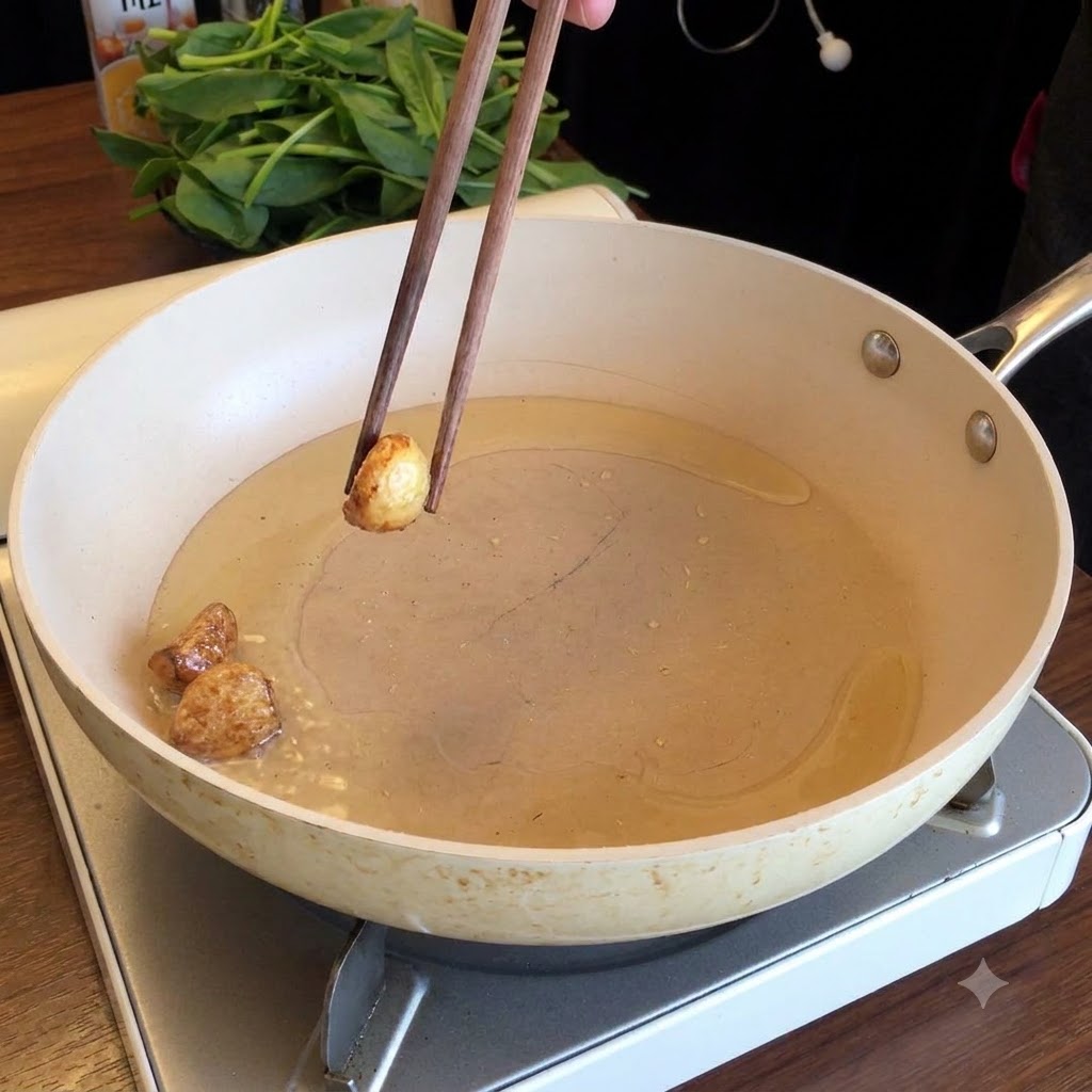 Bacchette che tengono un pezzo di aglio fritto sopra una padella con olio, con spinaci freschi ammucchiati sullo sfondo.