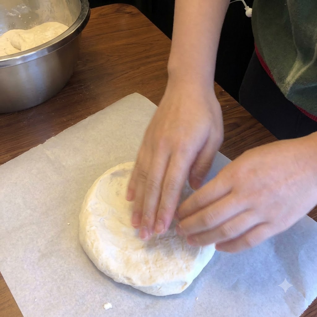 Mani che premono e stendono uniformemente limpasto per pizza fermentato su carta da forno.