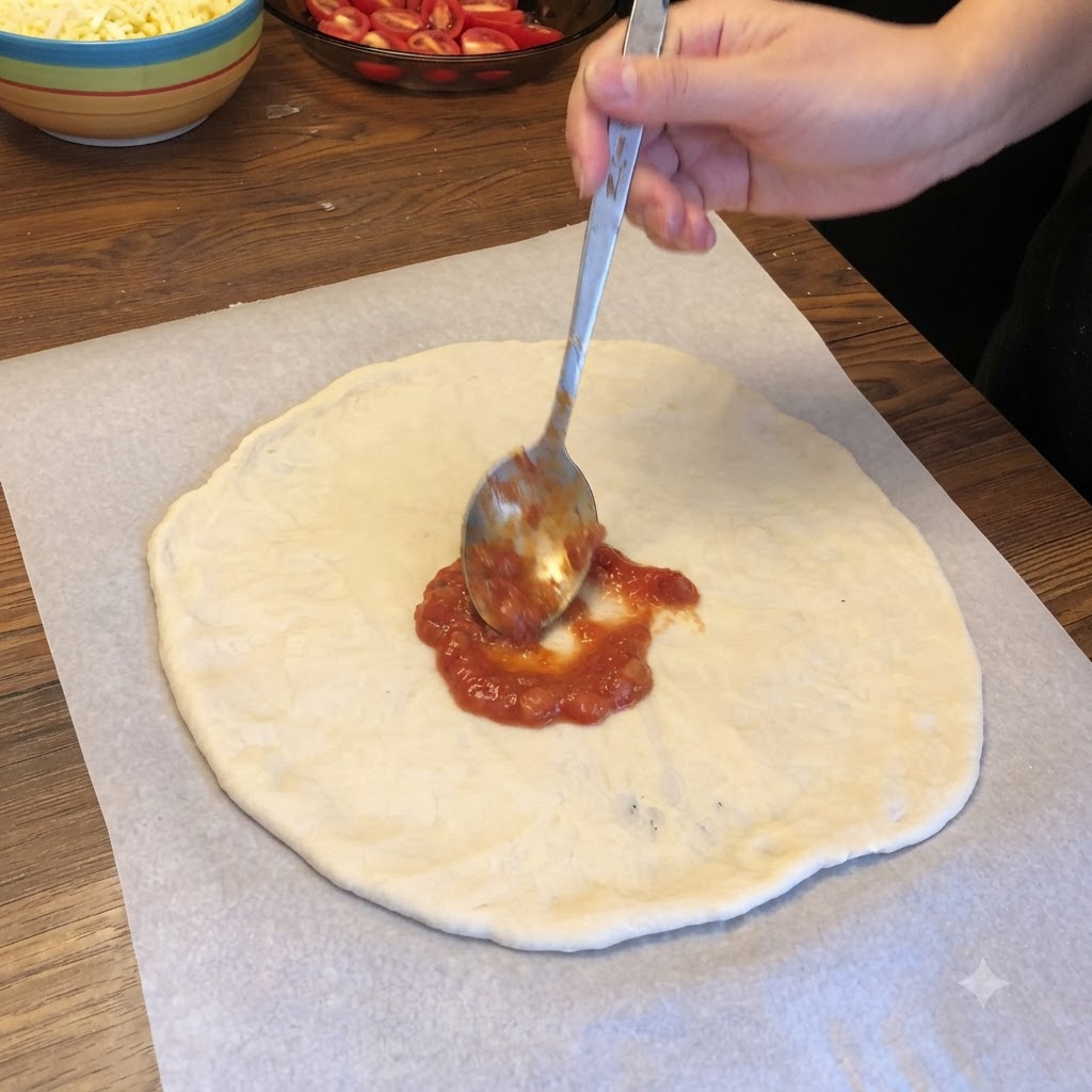 Un cucchiaio che spalma la salsa di pomodoro rossa con movimenti circolari su una base di pasta per pizza rotonda.