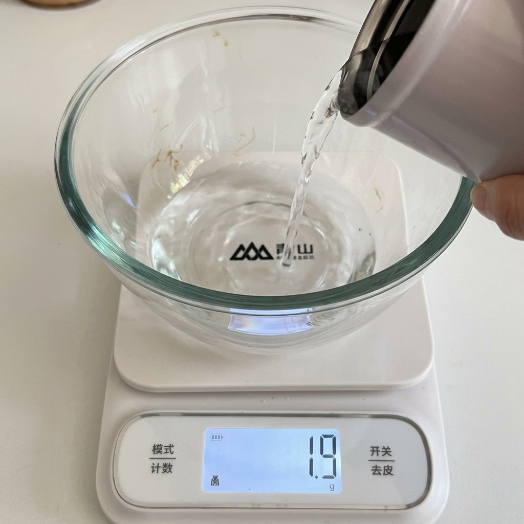Acqua e lievito di birra secco misurati in una ciotola di vetro su una bilancia da cucina.