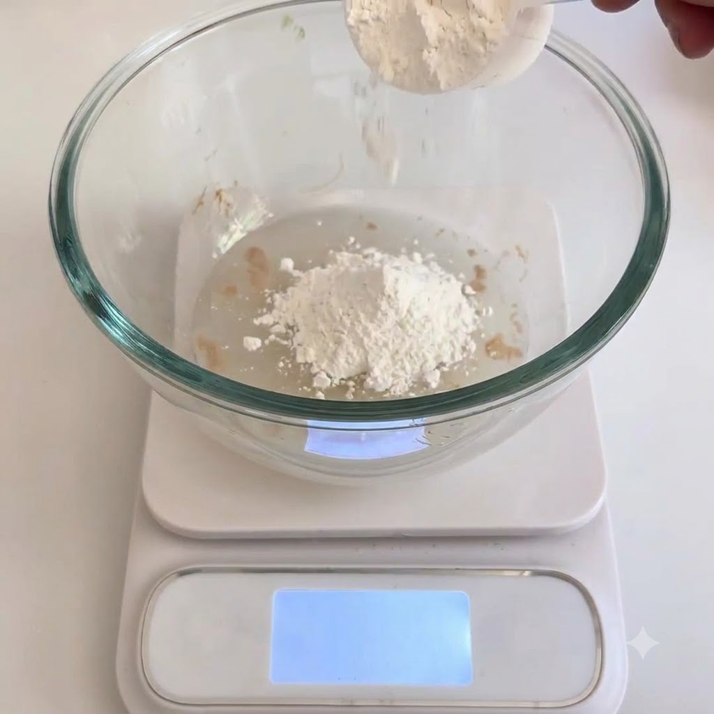 Farina di grano e sale versati in una ciotola di vetro con acqua e lievito.