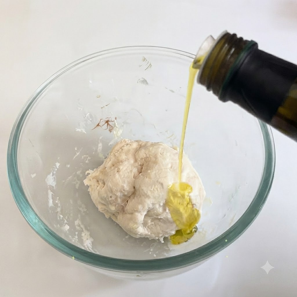 Olio doliva che cola su una palla di impasto per pizza in una ciotola di vetro.