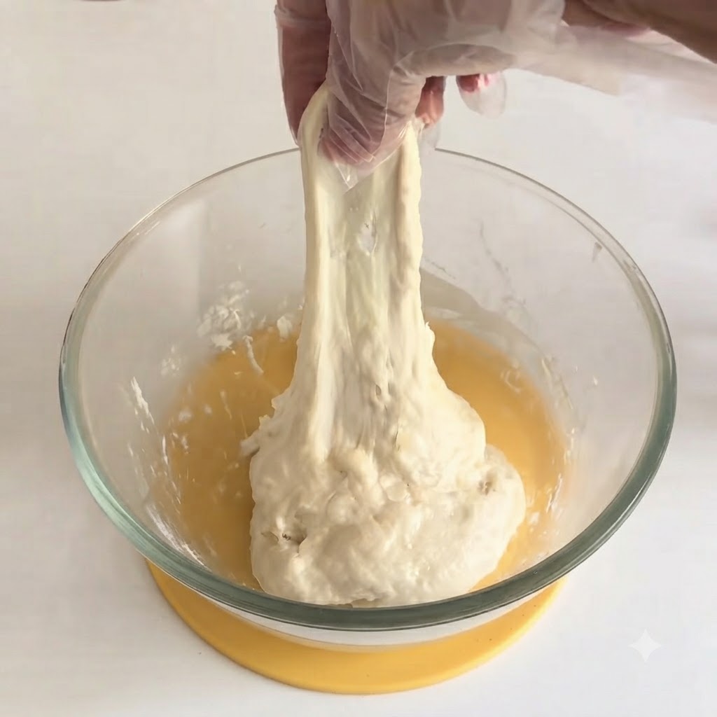 Una mano con guanto che tira verso lalto limpasto della pizza da una ciotola.