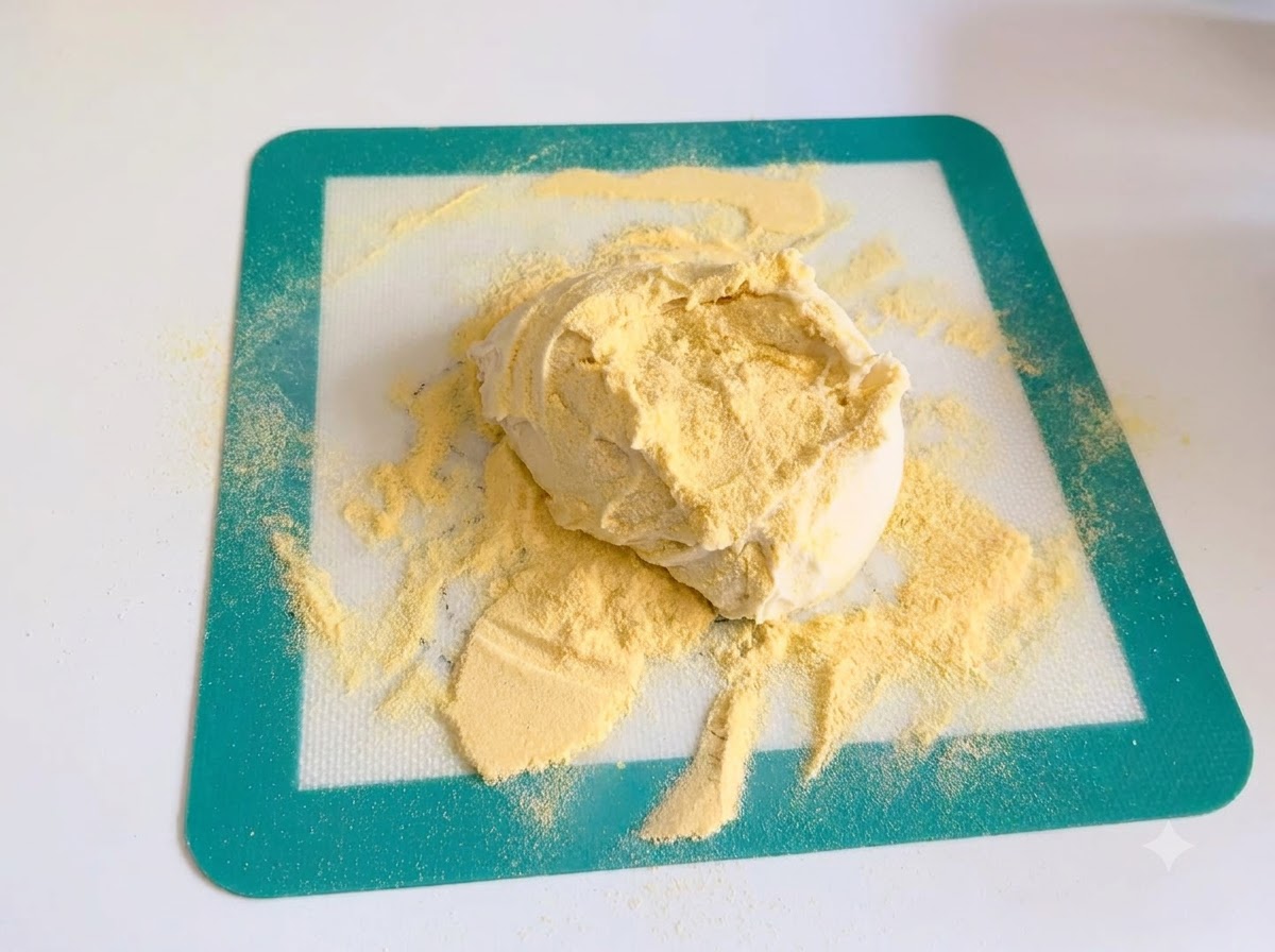 Impasto su un tappetino in silicone coperto da uno strato di farina di mais gialla.