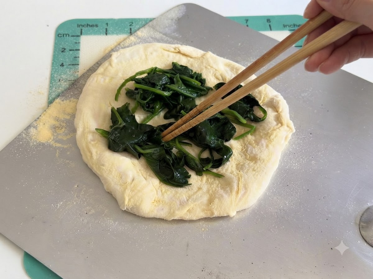 Bacchette che posizionano spinaci cotti su un pezzo rotondo di impasto per pizza.