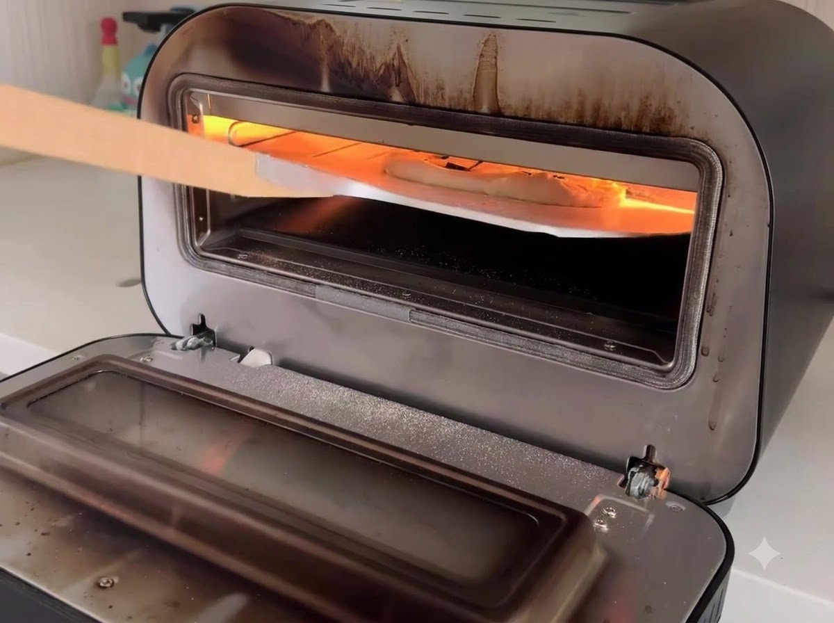 Pizza trasferita su una pala di legno allinterno caldo di un forno di cottura compatto.