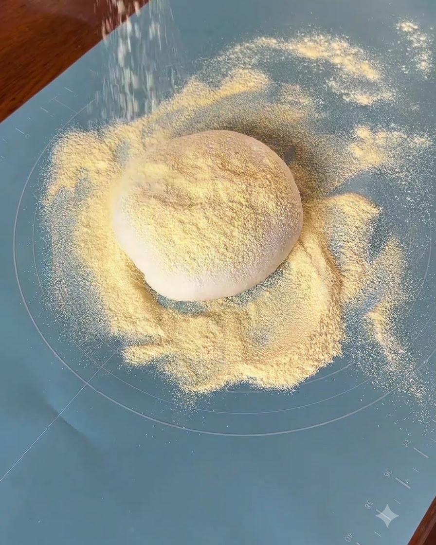 Farina di mais gialla sparsa dallalto su una palla di impasto per pizza appoggiata su un tappetino da forno in silicone blu.
