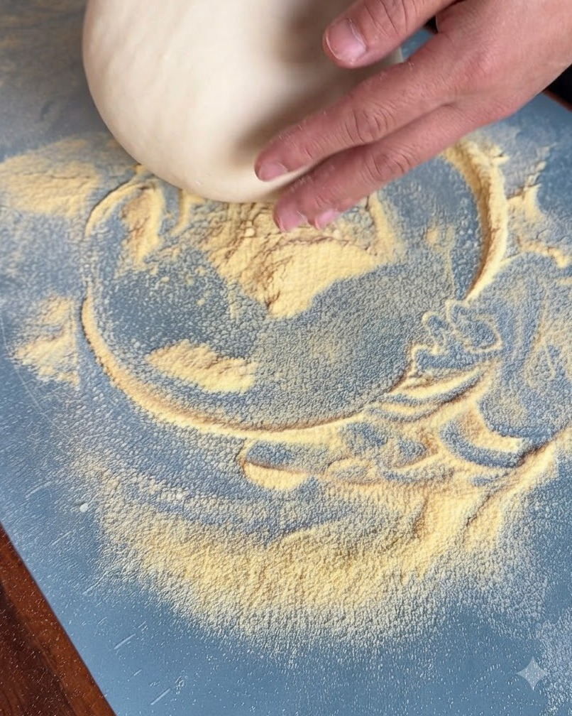 Una palla di impasto rotonda appoggiata su una superficie da lavoro blu spolverata di farina di mais gialla.