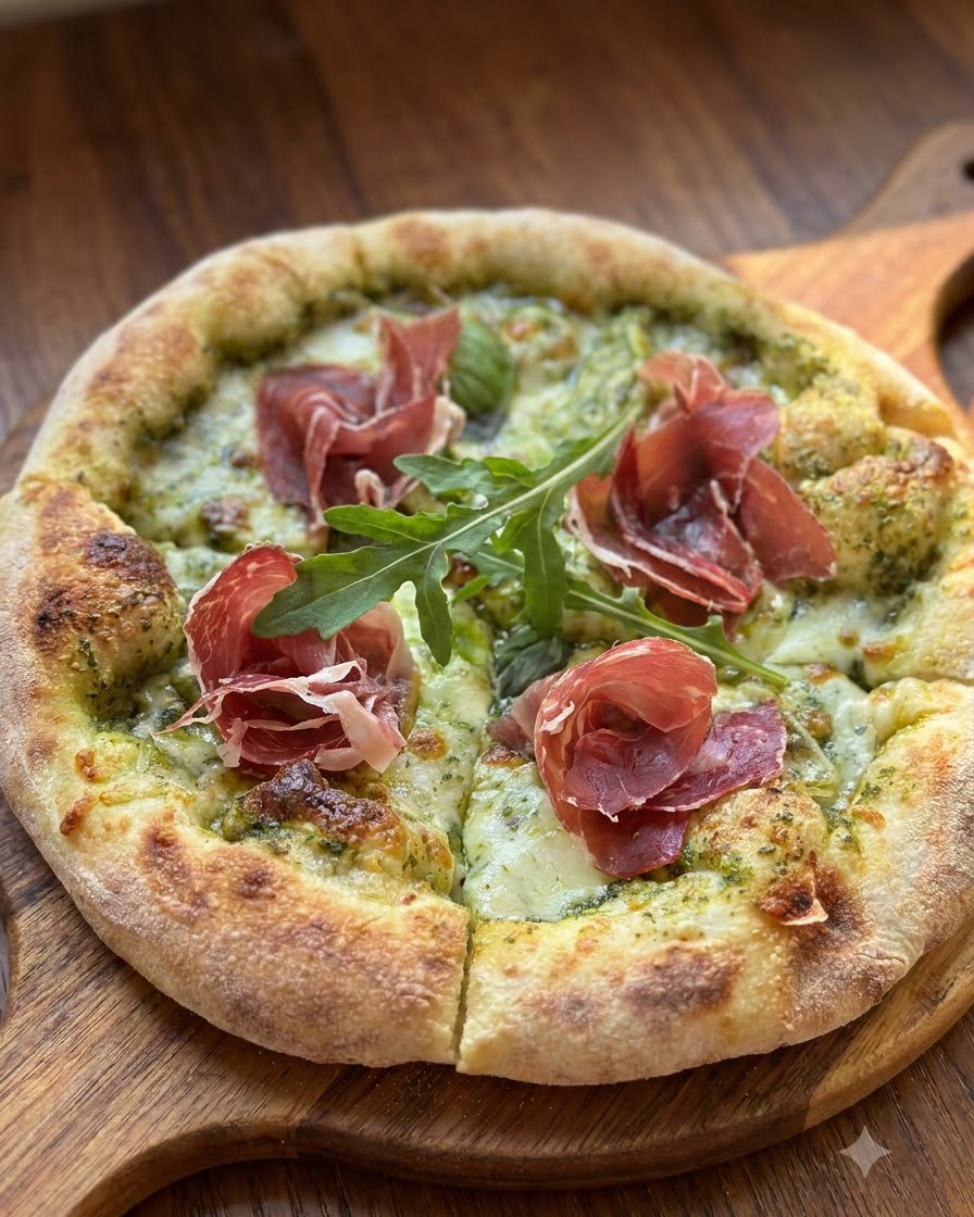Una pizza appena sfornata su un asse di legno decorata con pieghe di prosciutto crudo e foglie di rucola fresca verde.