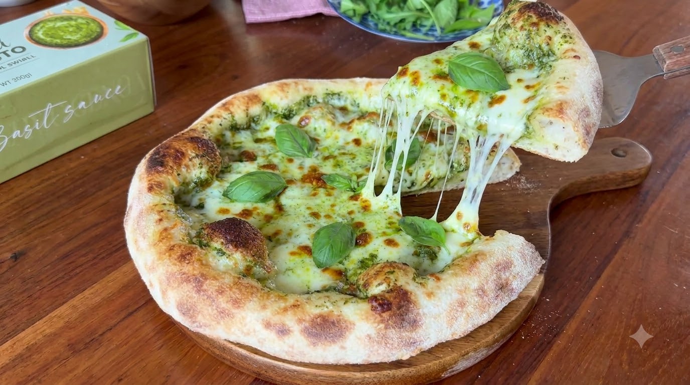 Una pizza al pesto di basilico appena sfornata su un tagliere di legno, che mostra lunghi fili di formaggio e una fetta guarnita.