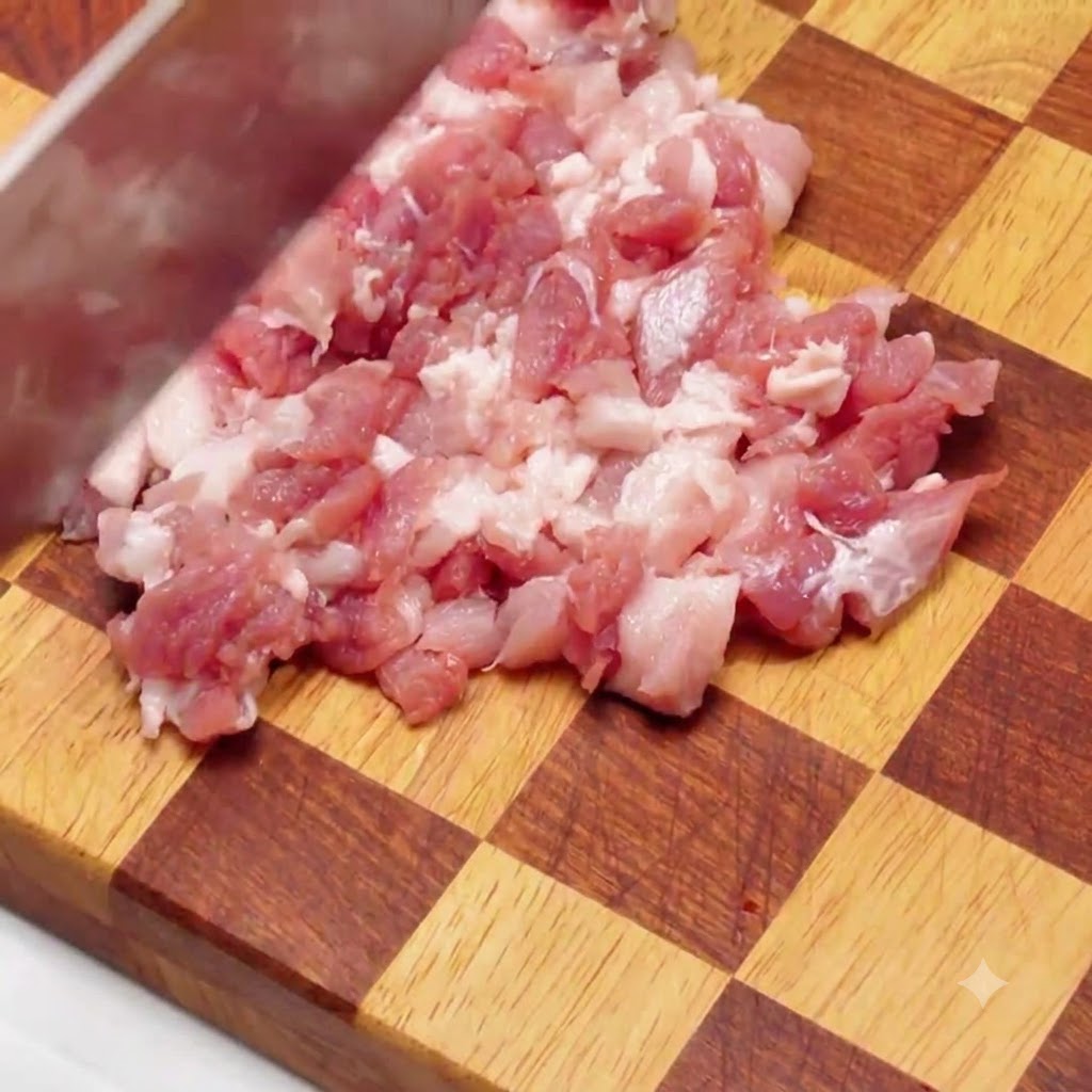Pancetta di maiale tagliata accuratamente a cubetti su un tagliere di legno con un coltello affilato.