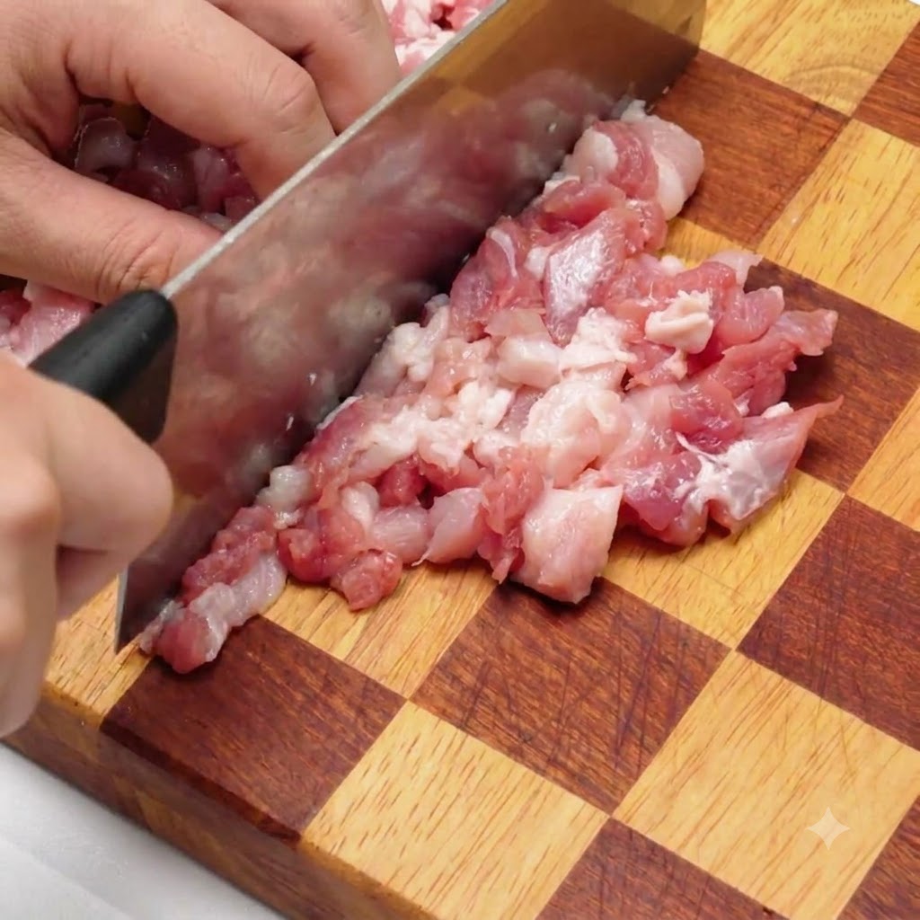 Funghi bianchi affettati e tagliati a cubetti su un tagliere di legno.