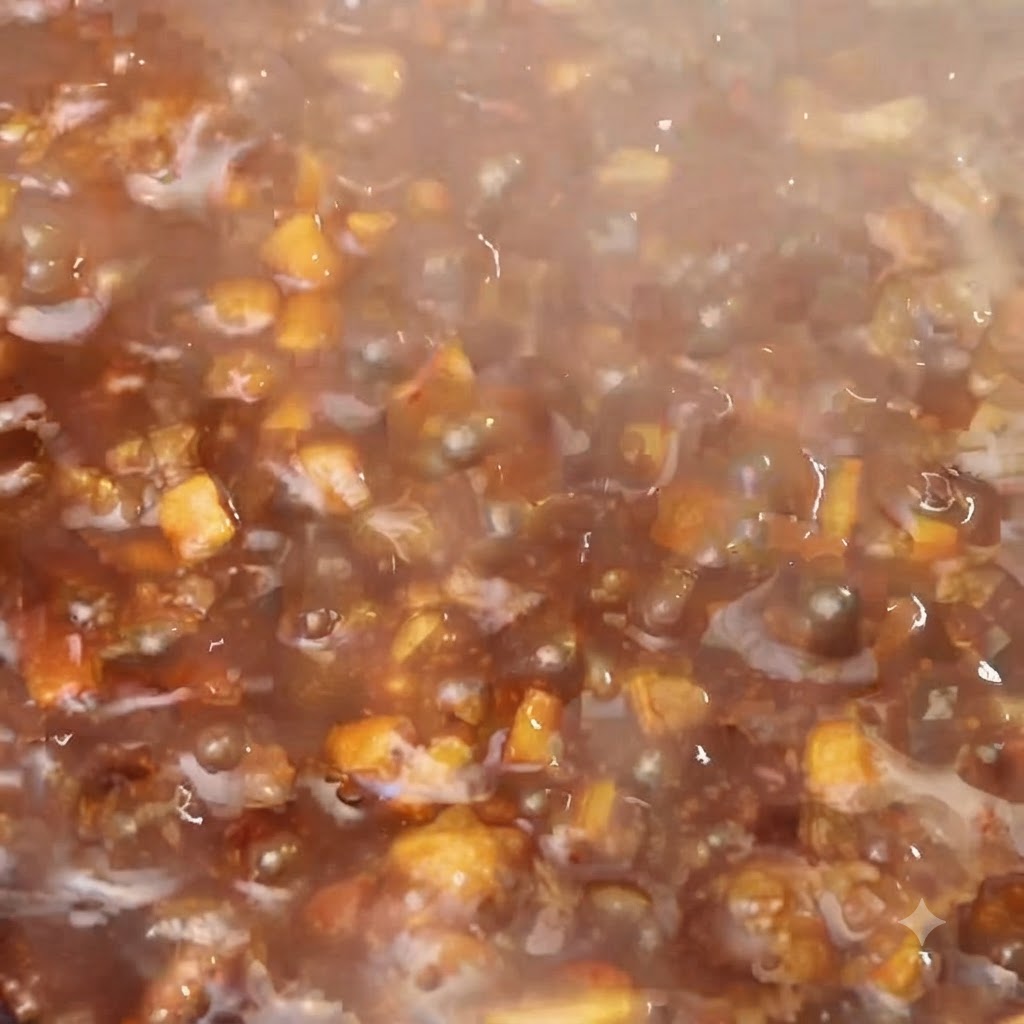 Amido diluito in acqua versato a filo nella salsa di carne bollente.