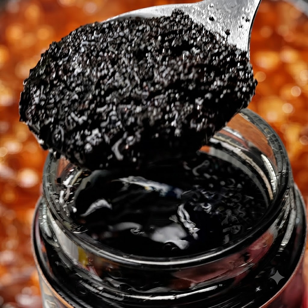 Un cucchiaio di salsa al tartufo nero tenuto sopra un barattolo di vetro, pronto per essere aggiunto al piatto.