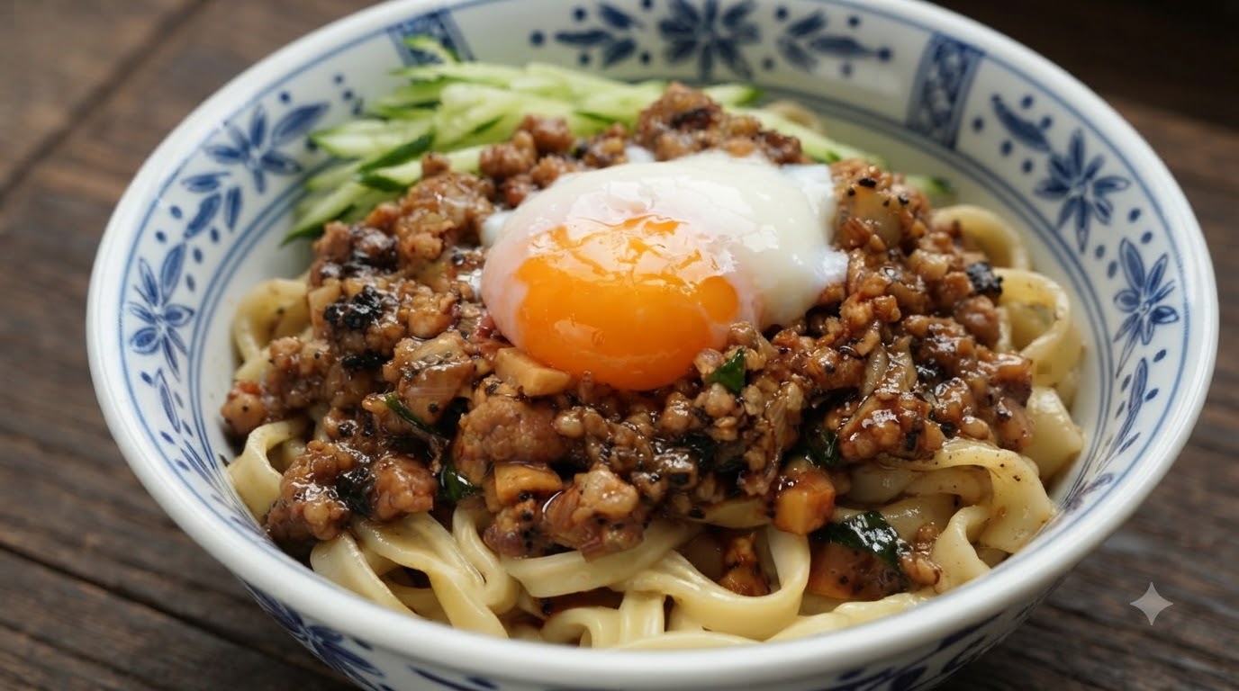 Una ciotola di larghi noodles artigianali conditi con una ricca salsa di maiale e tartufo, guarniti con un uovo onsen dal cuore fondente e cetriolo fresco a julienne.